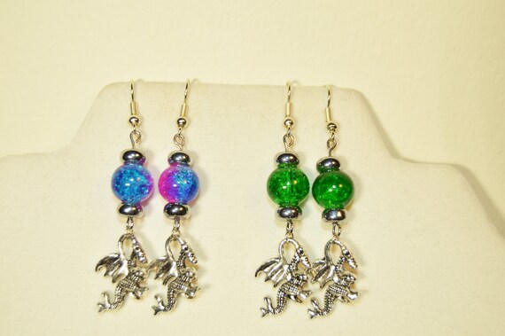 Dragons charm, glass bead earrings, Fantasy, Green, Blue, Pink, Silver, Shatter, Dangle