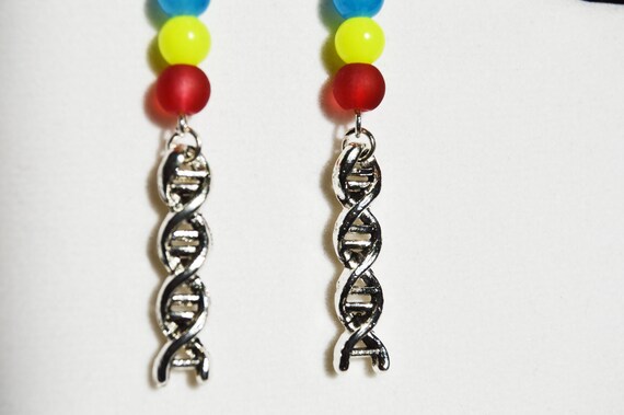 Double helix earrings, Science, DNA, Silver, Glass, Red, Blue, Yellow