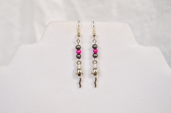 Rat or mouse earrings with your choice of colored beads, Cute, Silver, Fancy ,Little