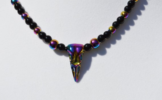 Beaded electroplated bird skull necklace, Egyptian, Raven