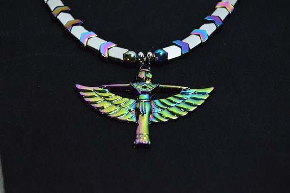 Isis Winged Goddess Necklace, Hematite, Rainbow, Chevron, Choker, Nickel free, Egyptian