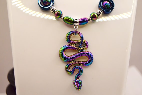 Rainbow Snake Necklace with Lava beads, Electroplated, Hematite, Colorful, Gift for anyone who loves snakes.