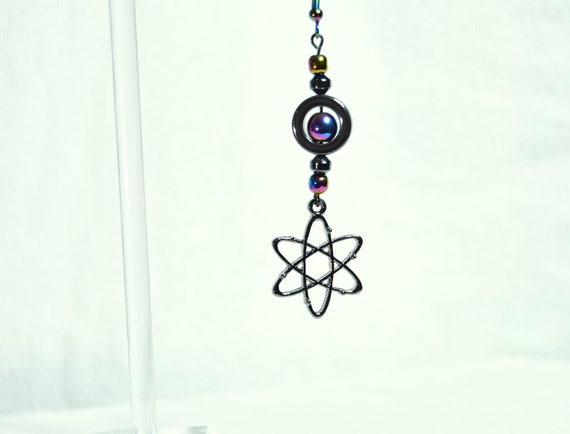 Atomic symbols earrings with electroplated hematite, Science, Teacher, Dangle, Gifts for her