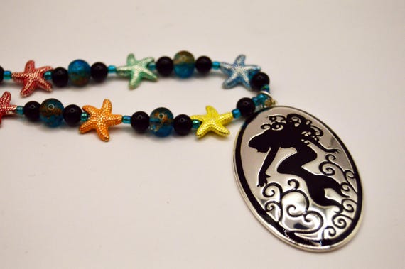 Big, little mermaid pendant with multicolored starfish necklace, Ocean, Colorful, Sea life, Vacation, Gift