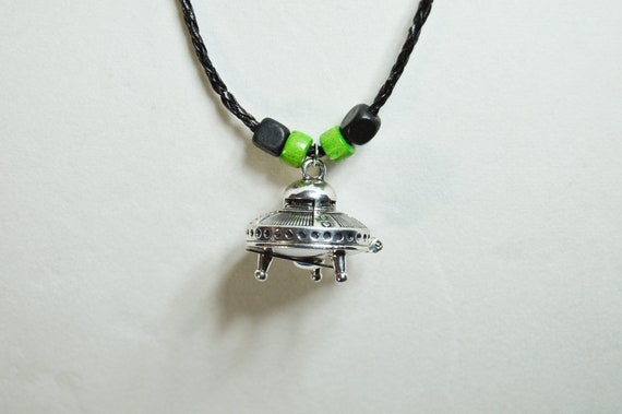 UFO Spaceship Locket Necklace: Braided Leather Cord, Alien Stash