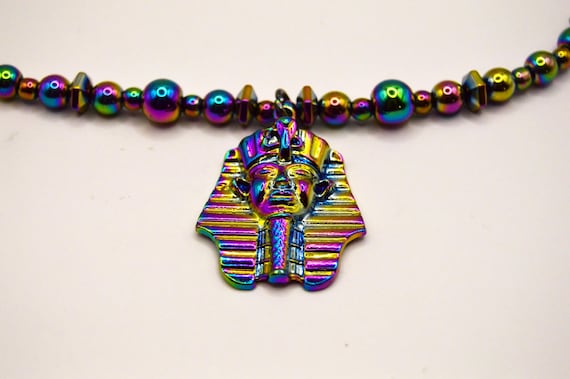 Electroplated King Tut Beaded Necklace: Rainbow Drip Bling