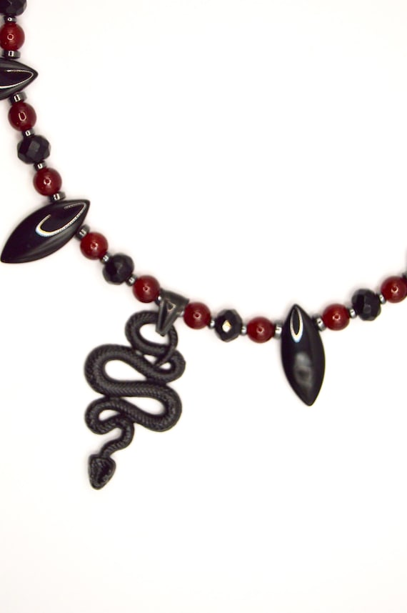 Black Snake Necklace, Gothic, Vampire, Halloween, Glass and metal