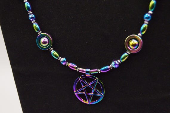 Electroplated Pentacle Necklace with matching earrings, Rainbow, 5 colors, Beaded, Witchy, Earth, Air, Water, Fire