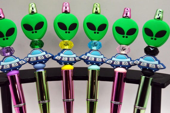 Alien Head Pen, soft beads, space ship, refills included