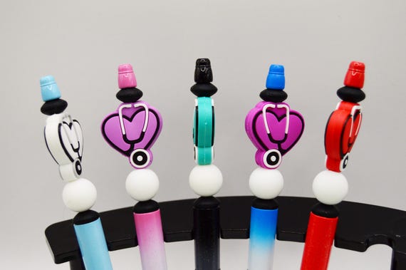 Stethoscope heart 5 pen set for medical office, gift, doctor, hospital, pediatrician, EMT, ER, nurse