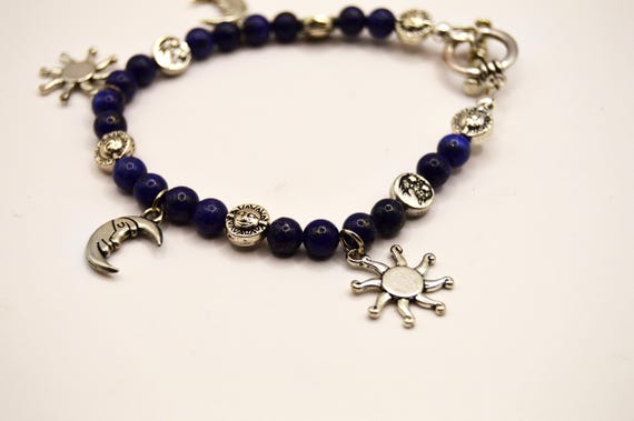 Lapis Lazuli Celestial Bracelet: Silver Plated Sun, Moon & Star Charms