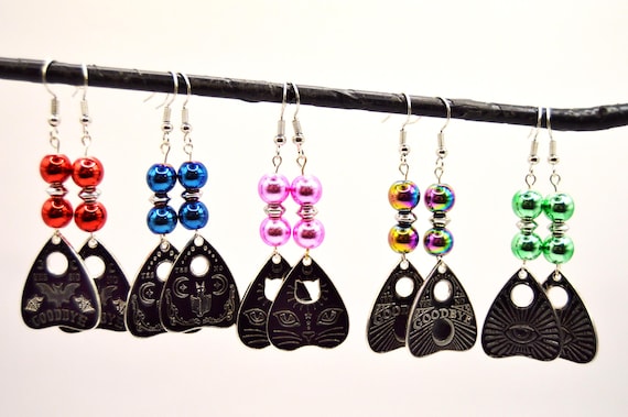 Ouija board Planchette earrings, five to choose from, Red, Blue, Pink, Rainbow, Green