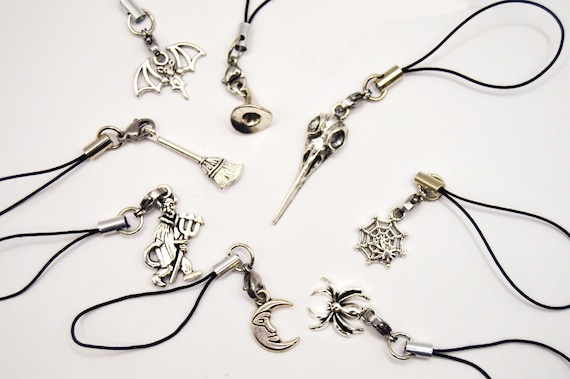 Spooky Halloween phone charms, witch hat, devil, broom, spider, bat, bird skull