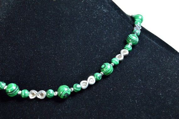 Malachite, Infinity necklace and earrings set,  Green, Silver, Stone, Metal,  Evening, Gifts