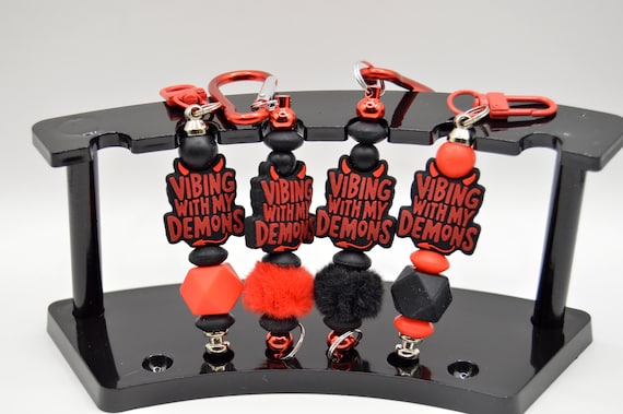 Vibing with my Demons keychain, self awareness, cute, fuzzy, devil, soft