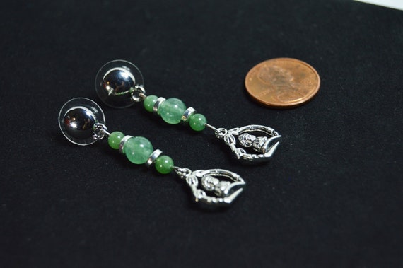 Swinging Buddha earrings, Jade, India, Silver, Small,  Green, light