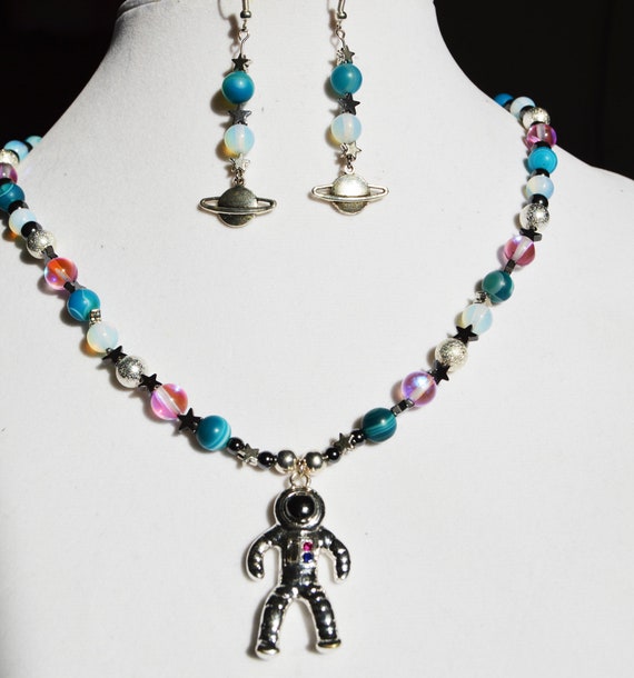 Astronaut Space Necklace with Earrings Set, Silver, Multicolor, Makes a Great gift!