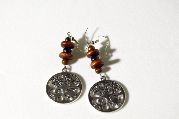 Four seasons silver with wood beads earrings,  Women, Mother, Earth, Tree, Forest, Leaves