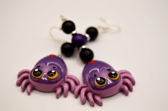 Adorable jumping spider earrings. Kawaii, Purple, dangle