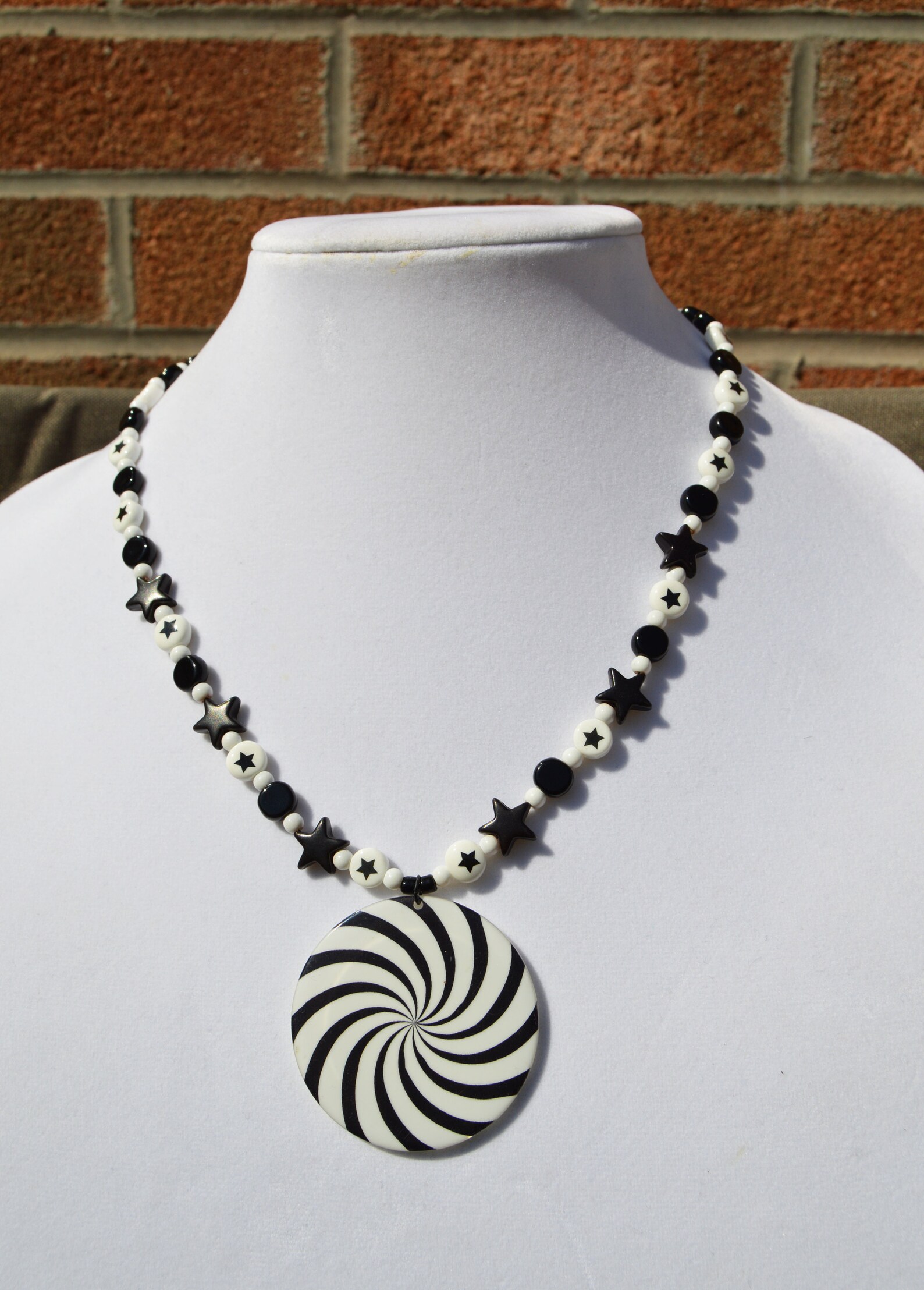 Black And White Large Swirl Hypnotic Necklace With Stars Trippy Artsy