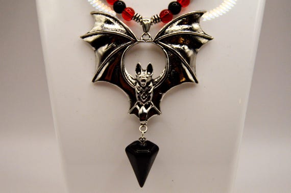 Large Bat Vampira Necklace, Red and Black, Silver, Black Obsidian pendant