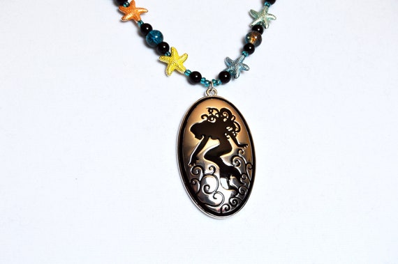 Big, little mermaid pendant with multicolored starfish necklace, Ocean, Colorful, Sea life, Vacation, Gift