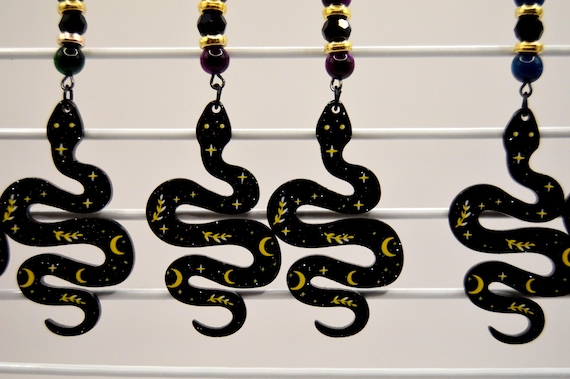 Celestial black snake earrings with tiger eye stone beads