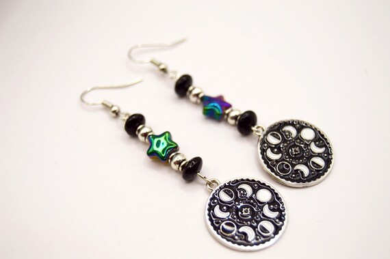 Circle Moon Phase earrings, stars, silver, black enamel, nickel free metals