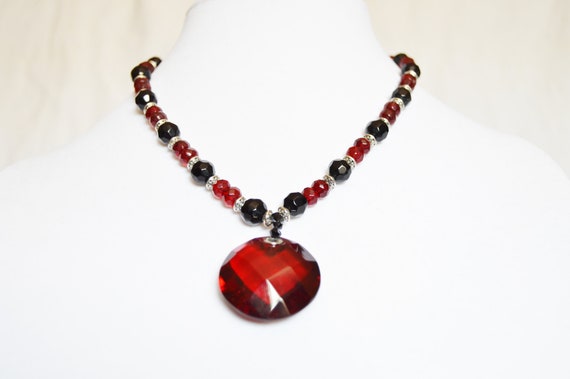 Large red glass statement necklace,  Goth, Formal, Antique silver, Black