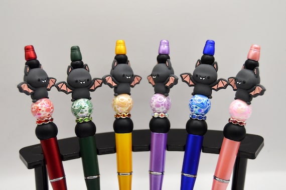 Bat Pen: 3D Silicone Bat, Paisley Bead, Rhinestone Ring, Black Ink