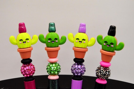 Smiling Cactus Glitter Pens with Rhinestones – Black Ink, Silicone Beads