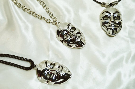 Choose from two different styles of Guy Fawkes mask necklaces, Gunpowder, November, Drip, Large
