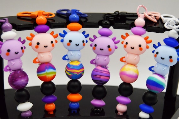 Axolotl Key Chains, soft silicone beads, purple, pink, blue, steel bar