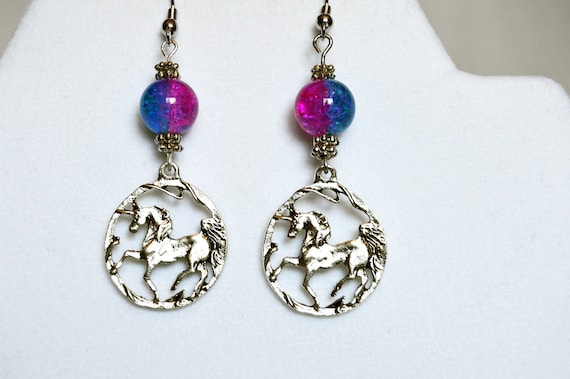 Silver plated unicorn earrings, Pink, Blue, Glass, Mythical, Celestial, Glam