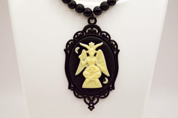 Baphomet Cameo Necklace, Beaded, black, pearl, gothic, nature, temple