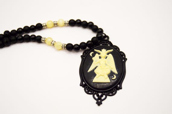 Baphomet Cameo Necklace, Beaded, black, pearl, gothic, nature, temple