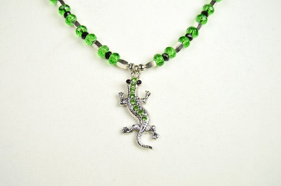Green lizard lovers necklace, Crystal, Silver, Green, Reptile, Gecko, Black