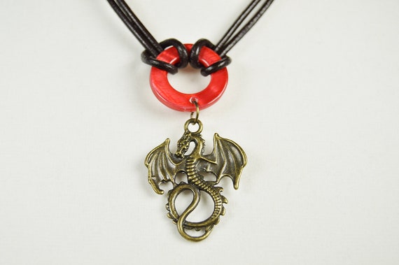 Brass dragon necklace, Brown leather, Goth, red, medieval