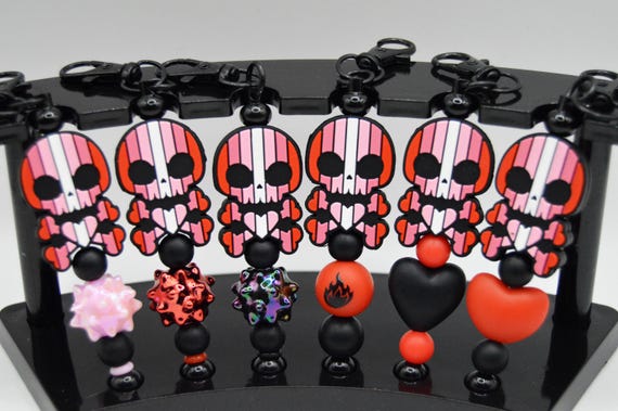 Red Skull & Heart Keychain: Goth Punk Silicone Bead Charm