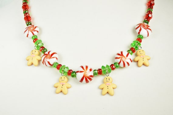 Gingerbread men and Peppermint Necklace with Earrings Set