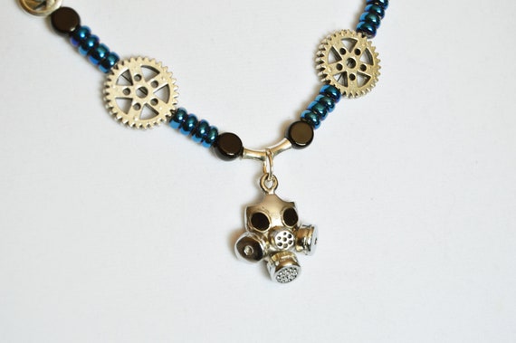 Cyberpunk Gas Mask Necklace, Silver, Blue, Beaded, Gift for him or her, Steampunk