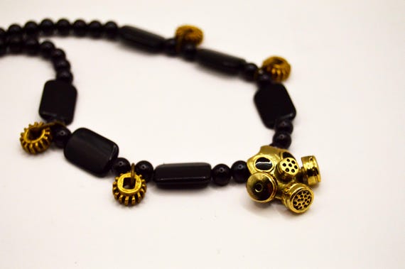 Black and brass gas mask necklace, Goth, Steam Punk, Unisex, Gift, Apocalypse