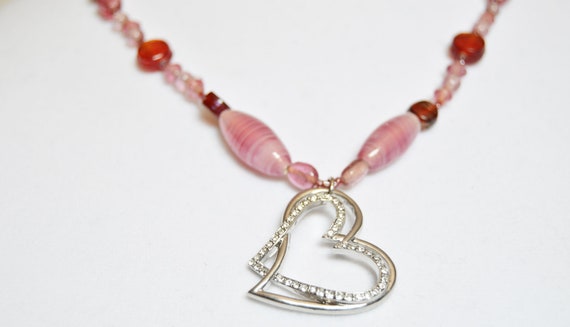 Silver heart, red and pink beaded necklace. | Silver | Pink | Handmade | Glass | Love | Valentine | Double heart | Gift for her | Jewelry