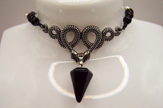 Double Snakes necklace, beaded black onyx with a black Obsidian pendant