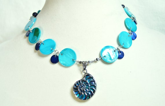 Nautilus Shell Necklace and Earrings Set, Beach, Shells, Silver, Mother of pearl, Blue, Ocean