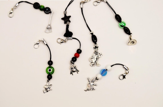 Gothic phone charms. Pentagram, Moon goddess, Spider web, Bat, Bird Skull, Crow, Raven