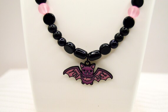 You Suck, Bat Necklace, choker, cute, sarcastic, pink and black