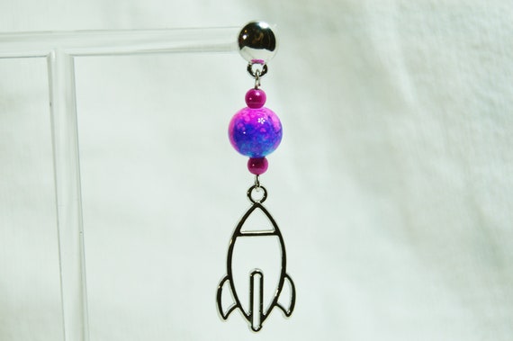 Silver Rocket Ship Earrings: Hot Pink, Purple & Blue Glass Beads