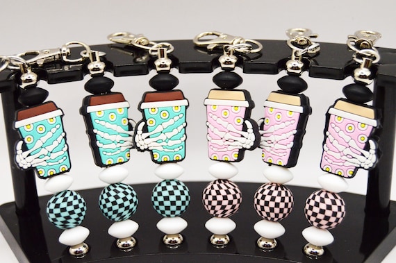 Skeleton hand holding coffee Key Chain, Whimsy, Colorful, Checkerboard, Pink or Blue