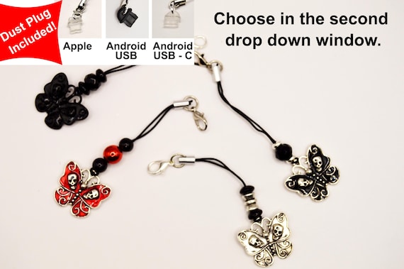 Butterfly Skulls phone charms. Choice of one, dust plug included